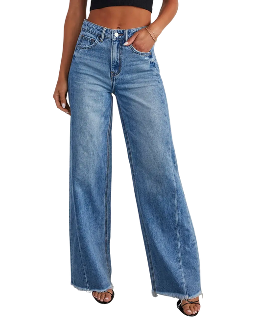 Women’s Wide Leg Jeans – Loose Solid Color Frayed Hem Denim Pants