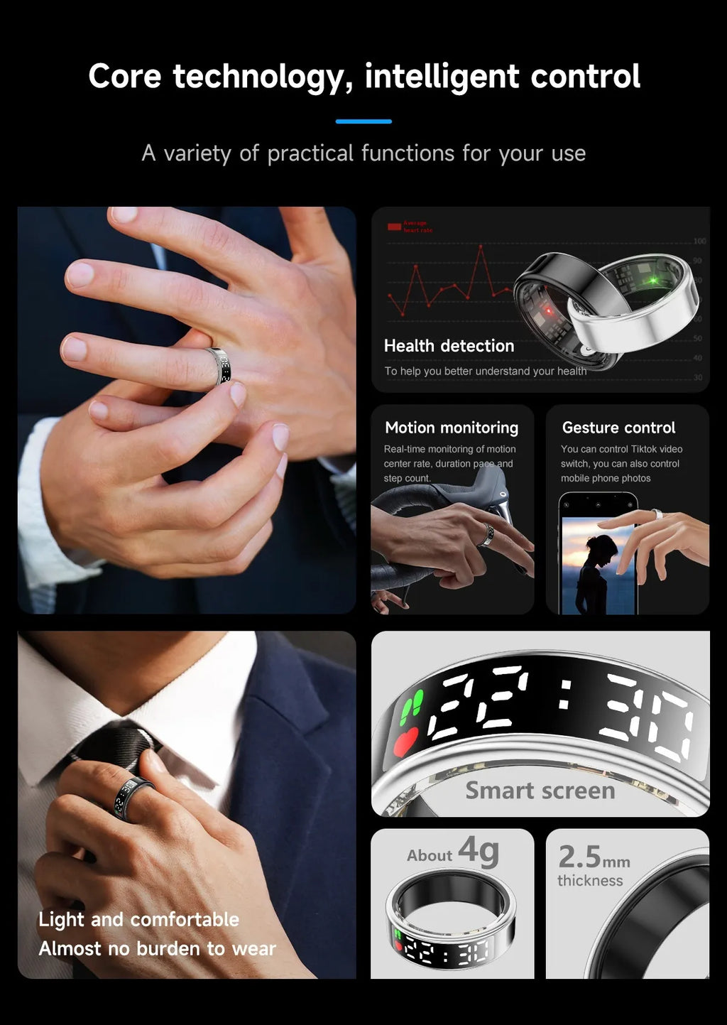 Smart Ring Fitness Tracker – Heart Rate, Blood Oxygen & Sleep Monitor for iOS & Android